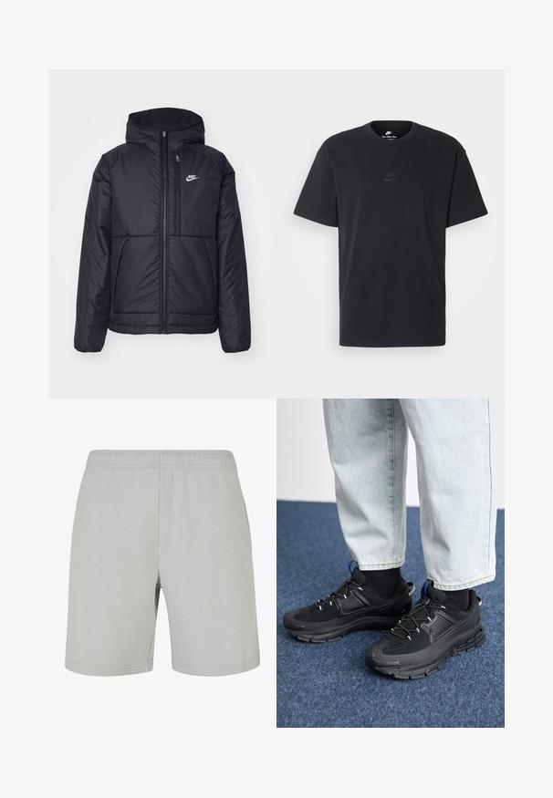 Black, padded Nike jacket with a front zipper and hood. Features a white logo on the left chest and dual front pockets. Smooth exterior texture.; Nike black cotton t-shirt with a classic crew neck, short sleeves, and a subtle, embossed logo on the chest. Smooth texture.; Light grey shorts made of soft cotton fabric, featuring an elastic waistband. The design is simple with stitched hems and no pockets.; Black athletic shoes with textured fabric and rubber soles, featuring elastic laces and a blue accent on the heel. Worn with light denim pants.