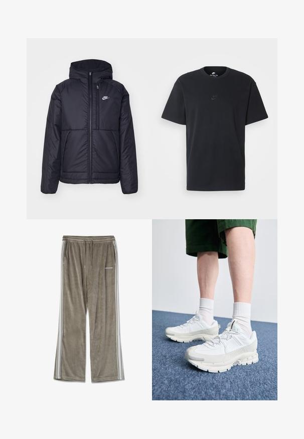 Black, padded Nike jacket with a front zipper and hood. Features a white logo on the left chest and dual front pockets. Smooth exterior texture.; Nike black cotton t-shirt with a classic crew neck, short sleeves, and a subtle, embossed logo on the chest. Smooth texture.; Corduroy sweatpants in light brown, featuring a relaxed fit, white side stripes, and an elastic waistband with adjustable drawstring.; White athletic shoes with textured overlays, a chunky sole, and gray accents. Worn with white crew socks and green shorts on a blue surface.