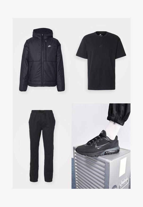 Czarna, pikowana kurtka Nike z przednim zamkiem błyskawicznym i kapturem. Posiada białe logo po lewej stronie klatki piersiowej oraz podwójne kieszenie z przodu. Gładka struktura zewnętrzna.; Czarny bawełniany t-shirt Nike z klasycznym okrągłym dekoltem, krótkimi rękawami oraz subtelnym, wytłoczonym logo na piersi. Gładka tekstura.; Champion Rochester - Spodnie materiałowe; Nike Sportswear PULSE czarny