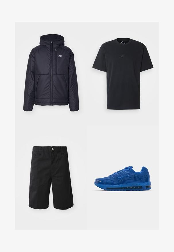 Veste Nike noire rembourrée avec une fermeture éclair sur le devant et une capuche. Elle présente un logo blanc sur la poitrine gauche et deux poches avant. Texture extérieure lisse.; T-shirt en coton noir Nike avec un col rond classique, des manches courtes et un logo embossé subtil sur la poitrine. Texture lisse.; Shorts en coton noir avec une coupe droite, des passants de ceinture, une fermeture à bouton en métal et sans motifs ni accents visibles.; Chaussure de sport bleue en mesh et caoutchouc avec une tige texturée, un amorti d'air visible et une semelle extérieure à motif. Présente des accents réfléchissants.