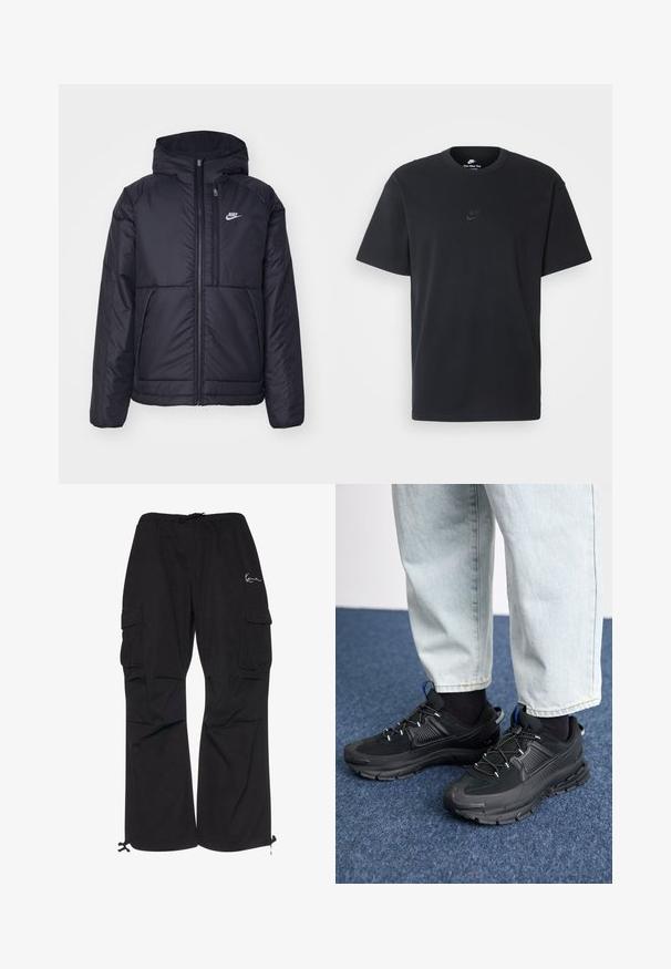 Zwarte, gewatteerde Nike-jas met een voorkant met ritssluiting en capuchon. Kenmerkt zich door een wit logo op de linkerborst en dubbele frontzakken. Gladde buitenkant.; Zwarte katoenen t-shirt van Nike met een klassieke ronde hals, korte mouwen en een subtiele, reliëflogo op de borst. Gladde textuur.; Zwarte cargobroek van lichtgewicht stof, met een elastische tailleband met koord, zijzakken en verstelbare manchetten.; Zwarte sportschoenen met gestructureerde stof en rubberen zolen, met elastische veters en een blauwe accent op de hiel. Draag samen met lichte spijkerbroeken.