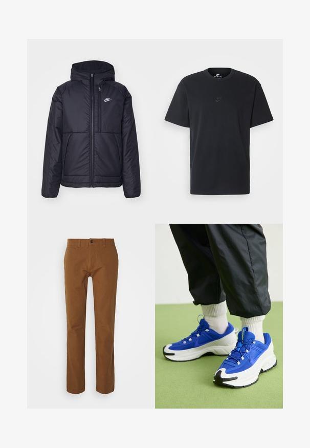 Fekete, párnázott Nike dzseki elülső cipzárral és kapucnival. A bal mellen fehér logó található, valamint két elülső zseb. Simának tűnő külső felület.; Fekete pamut póló Nike márkájú, klasszikus, kerek nyakú, rövid ujjú, és letisztult, dombornyomott logóval a mellkason. Simább textúra.; Barna chino nadrág, amely vékony fazonú, lapos elejű, két elülső zsebe van, és egy gombbal záródik a deréknál. Könnyű anyagból készült.; Kék és fehér sportcipők, texturált anyagból, kiemelkedő gumitalppal és fekete részletekkel. Felszerelt fűzőkkel és párnázott kialakítással rendelkezik.