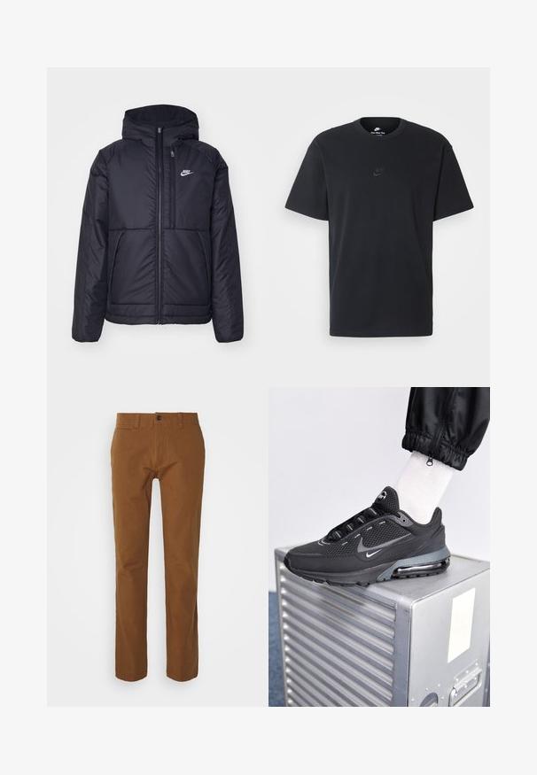 Schwarze, gepolsterte Nike-Jacke mit Frontreißverschluss und Kapuze. Hat ein weißes Logo auf der linken Brust und zwei Fronttaschen. Glattes äußeres Material.; Schwarzes Baumwoll-T-Shirt von Nike mit klassischem Rundhalsausschnitt, kurzen Ärmeln und einem dezenten, geprägten Logo auf der Brust. Glatte Textur.; Braune Chinohosen mit schmalem Schnitt, flachem Bund, zwei Vorderaschen und einem einzigen Knopfverschluss an der Taille. Aus leichtem Material gefertigt.; Nike Sportswear PULSE - Sneaker low - black/anthracite
