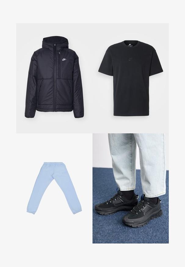 Jachetă Nike neagră, căptușită, cu fermoar pe față și glugă. Prezintă un logo alb pe pieptul stâng și două buzunare frontale. Textură exterioară netedă.; Tricou din bumbac negru Nike, cu guler rotund clasic, mâneci scurte și un logo subtil embosat pe piept. Textură netedă.; Pantaloni de trening de culoare bleu deschis, realizați dintr-un material moale, cu un talie elastică, picioare slecate și un detaliu discret cu logo pe lateral.; Pantofi sport negri, cu țesătură texturată și tălpi din cauciuc, având șireturi elastice și un accent albastru pe toc. Purtați cu pantaloni din denim deschis.