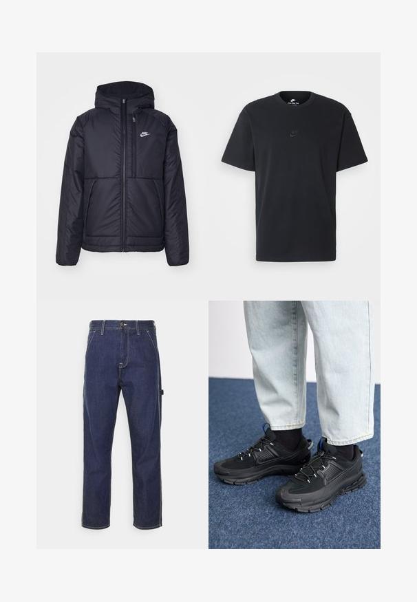 Zwarte, gewatteerde Nike-jas met een voorkant met ritssluiting en capuchon. Kenmerkt zich door een wit logo op de linkerborst en dubbele frontzakken. Gladde buitenkant.; Zwarte katoenen t-shirt van Nike met een klassieke ronde hals, korte mouwen en een subtiele, reliëflogo op de borst. Gladde textuur.; Donkerblauwe denim cargobroek met gele stiksels, zijzakken en een rechte pasvorm. Voorzien van een knoop- en ritssluiting.; Zwarte sportschoenen met gestructureerde stof en rubberen zolen, met elastische veters en een blauwe accent op de hiel. Draag samen met lichte spijkerbroeken.