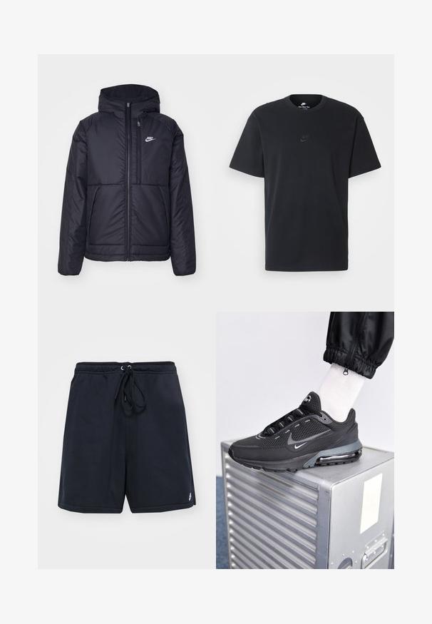 Giacca Nike nera, imbottita, con zip frontale e cappuccio. Presenta un logo bianco sul lato sinistro del petto e doppie tasche frontali. Texture esterna liscia.; T-shirt in cotone nero della Nike con collo rotondo classico, maniche corte e un logo in rilievo discreto sul petto. Texture liscia.; Pantaloni corti in cotone blu navy con cintura elastica e cordoncino regolabile. Presentano tasche laterali e un piccolo logo sull'orlo.; Nike Sportswear PULSE - Sneakers basse - black/anthracite