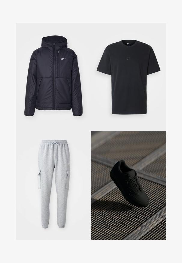 Casaco Nike preto, acolchoado, com fecho à frente e capuz. Apresenta um logo branco no lado esquerdo do peito e dois bolsos frontais. Textura exterior lisa.; T-shirt de algodão preto da Nike com um clássico decote redondo, mangas curtas e um logótipo em relevo discreto no peito. Textura suave.; Calças de moletão cinzentas feitas de um tecido macio, com uma cintura elástica com cordão, dois bolsos laterais tipo cargo e punhos ajustados.; Sneaker preto com uma textura suave, biqueira redonda, atacadores à frente e uma marcação sutil. Exibido contra um fundo industrial texturizado.