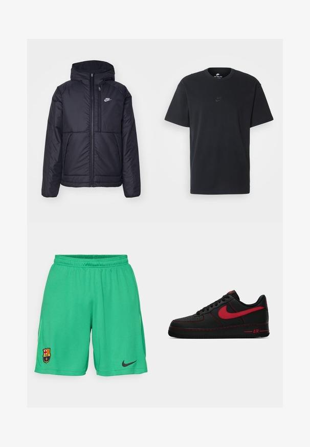 Juodas, paminkštintas Nike džemperis su priekyje užtrauktuku ir gobtuvu. Pasižymi balta logo kairėje krūtinės pusėje ir dviem priekinėmis kišenėmis. Su lygiu išoriniu paviršiumi.; Juodas medvilninis Nike marškinėliai su klasikinėmis apykaklėmis, trumpomis rankovėmis ir subtiliu, įspaustu logotipu ant krūtinės. Sklandus tekstūra.; Žalios futbolo šortai, pagaminti iš tekstūrinio audinio, su juodu Nike logotipu ir Barselonos klubo emblemą kairiajame šone.; Juodi oda Nike Air Force 1 sportbačiai su raudonomis detalėmis, pasižymintys lygia tekstūra, perforuotu padu ir kontrastingomis raudonomis siūlėmis.