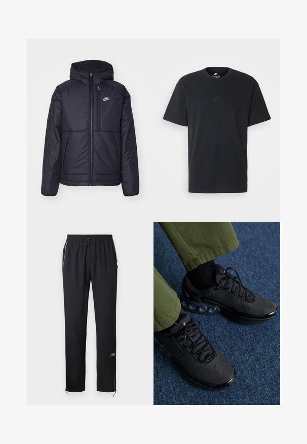 Black, padded Nike jacket with a front zipper and hood. Features a white logo on the left chest and dual front pockets. Smooth exterior texture.; Nike black cotton t-shirt with a classic crew neck, short sleeves, and a subtle, embossed logo on the chest. Smooth texture.; Black athletic pants made of lightweight fabric, featuring an elastic waistband, side pockets, and reflective accents on the sides.; Black athletic shoes with a mesh upper, textured surface, and visible air cushioning pods. Paired with olive green pants and black socks.