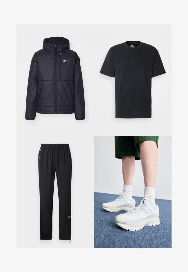 Melna, pufota Nike jaka ar priekšējo rāvējslēdzēju un kapuci. Iezīmēta ar baltu logotipu uz kreisās krūtis un divām priekšējām kabatām. Gluda ārējā tekstūra.; Nike melns kokvilnas T-krekls ar klasisku piegriezumu, īsām piedurknēm un smalku, reljefu logotipu uz krūškurvja. Gluda tekstūra.; Melni sporta bikses, izgatavotas no viegla auduma, ar elastīgu jostasvietu, sānu kabatām un atstarojošiem akcentiem sānos.; Baltas sporta apavi ar teksturētām detaļām, masīvu zoli un pelēkiem akcentiem. Valkāti ar baltiem zeķu pēdu apģērbiem un zaļām šortiem uz zilas virsmas.