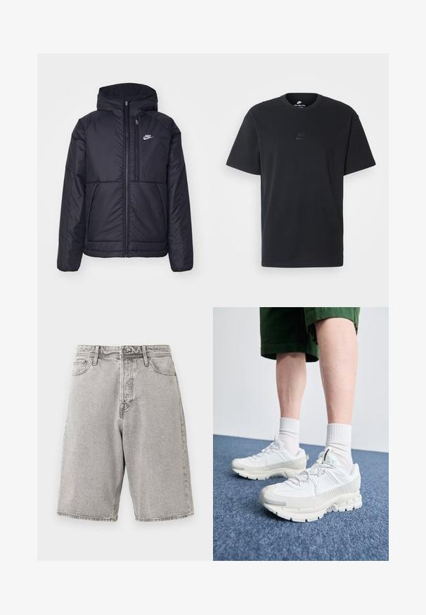 Casaco Nike preto, acolchoado, com fecho à frente e capuz. Apresenta um logo branco no lado esquerdo do peito e dois bolsos frontais. Textura exterior lisa.; T-shirt de algodão preto da Nike com um clássico decote redondo, mangas curtas e um logótipo em relevo discreto no peito. Textura suave.; Calções de ganga cinza com um ajuste relaxado, apresentando uma cintura alta, cinco bolsos e costuras visíveis, oferecendo um acabamento texturizado.; Sapatos atléticos brancos com sobreposições texturizadas, sola espessa e detalhes em cinza. Usados com meias brancas até ao tornozelo e calções verdes sobre uma superfície azul.