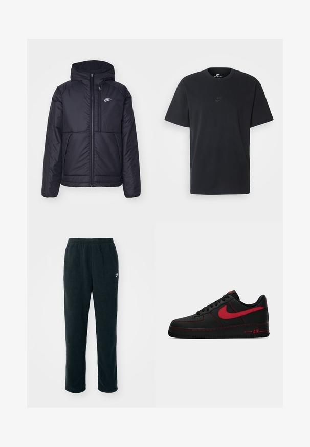 Giacca Nike nera, imbottita, con zip frontale e cappuccio. Presenta un logo bianco sul lato sinistro del petto e doppie tasche frontali. Texture esterna liscia.; T-shirt in cotone nero della Nike con collo rotondo classico, maniche corte e un logo in rilievo discreto sul petto. Texture liscia.; Nike Sportswear CLUB WINTERIZED - Pantaloni sportivi - black/white; Sneaker Nike Air Force 1 in pelle nera con accenti rossi, caratterizzate da una texture liscia, punta perforata e cuciture rosse a contrasto.