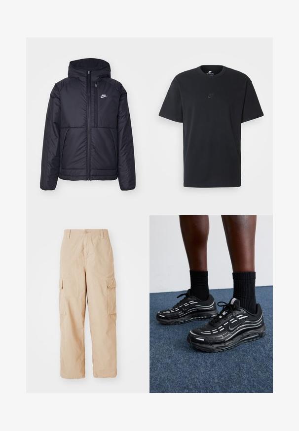 Black, padded Nike jacket with a front zipper and hood. Features a white logo on the left chest and dual front pockets. Smooth exterior texture.; Nike black cotton t-shirt with a classic crew neck, short sleeves, and a subtle, embossed logo on the chest. Smooth texture.; Beige cargo pants with a relaxed fit, made of lightweight fabric, featuring two side cargo pockets and a button closure at the waist.; Black Nike shoes feature a mesh upper with accent stripes, textured lacing, and a black rubber sole. Worn with black ribbed socks.