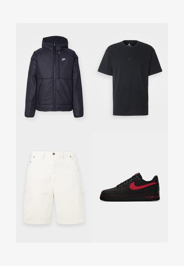 Chaqueta acolchada negra de Nike con cremallera frontal y capucha. Presenta un logo blanco en el lado izquierdo del pecho y dos bolsillos frontales. Textura exterior suave.; Camiseta negra de algodón de Nike con un clásico cuello redondo, mangas cortas y un sutil logo en relieve en el pecho. Textura suave.; Pantalones cortos de carga de algodón blanco con un corte recto, que cuentan con bolsillos delanteros y laterales, cierre de botón de metal y trabillas para cinturón. Textura suave.; Zapatillas Nike Air Force 1 de cuero negro con acentos rojos, que cuentan con una textura suave, puntera perforada y costuras rojas en contraste.