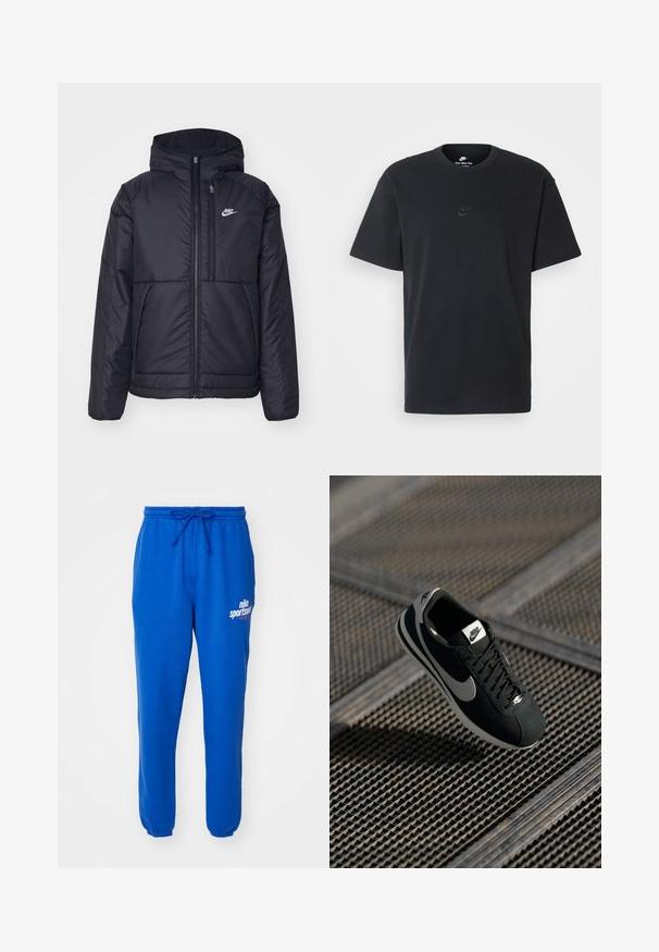 Juodas, paminkštintas Nike džemperis su priekyje užtrauktuku ir gobtuvu. Pasižymi balta logo kairėje krūtinės pusėje ir dviem priekinėmis kišenėmis. Su lygiu išoriniu paviršiumi.; Juodas medvilninis Nike marškinėliai su klasikinėmis apykaklėmis, trumpomis rankovėmis ir subtiliu, įspaustu logotipu ant krūtinės. Sklandus tekstūra.; Mėlynos medvilninės sportinės kelnės su elastingu juosmeniu, raišteliu ir sutrauktų rankovių detalėmis. Kairėje šlaunyje yra baltas logotipas.; Juodos Nike sportbačiai su pilkais akcentais, iš zomšos ir tinklinės medžiagos, tekstūruotu padu, siauru siluetu ir klasikiniu raištelių užsegimu.