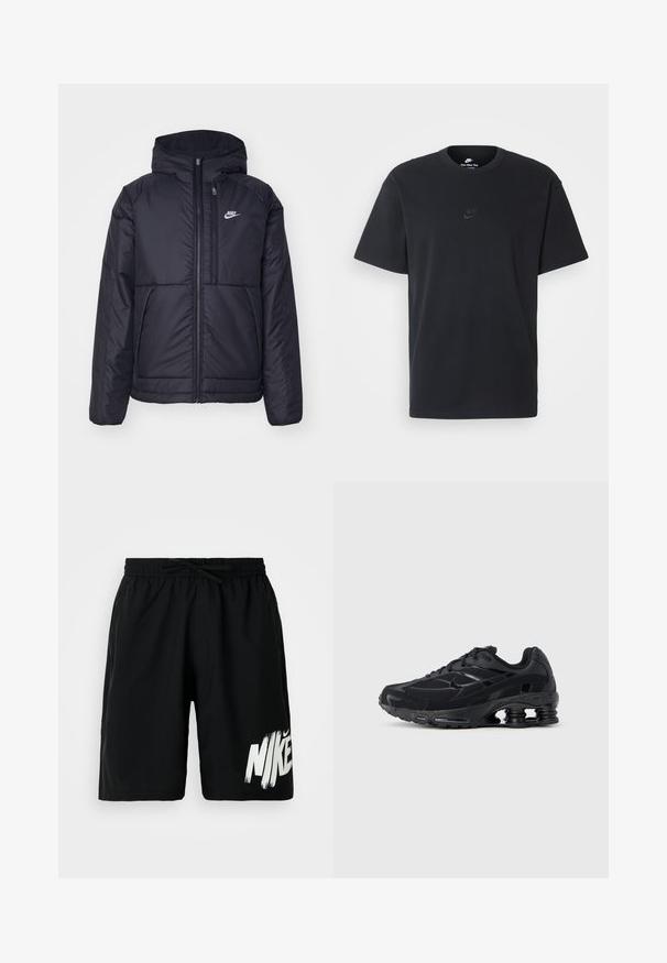 Čierna, polstrovaná bunda Nike so zipsom vpredu a kapucňou. Na ľavej strane hrude sa nachádza biele logo a sú tu dva predné vrecká. Hladký vonkajší povrch.; Čierne bavlnené tričko Nike s klasickým okrúhlym výstrihom, krátkymi rukávmi a jemne embosovaným logom na hrudi. Hladká textúra.; Čierne šortky po kolená s elastickým pásom a viazaním, s odvážnym bielym logom Nike na spodnej ľavej nohe.; Čierna športová obuv s hornou časťou z mikrovlákna, polstrovaným golierom a výraznou tlmiacou technológiou na päte. Má textúrované detaily a šnúrky.