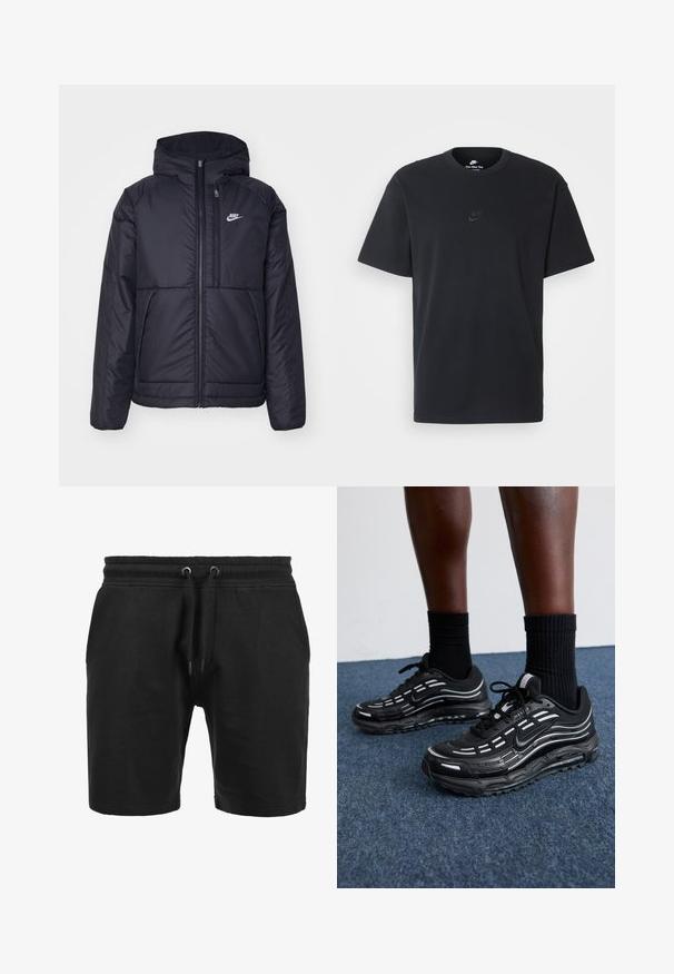 Svart, polstret Nike-jakke med frontglidelås og hette. Har en hvit logo på venstre bryst og doble frontlommer. Glatt ytterside.; Nike svart bomull T-skjorte med klassisk rund hals, korte ermer, og en subtil, preget logo på brystet. Glatt tekstur.; Svarte shorts laget av teksturert stoff. Har elastisk midje med snor og sidelommer. Enkelt, rett snitt.; Sorte Nike-sko har en mesh-overdel med aksentstriper, teksturert snøring og en svart gummisåle. Brukt med svarte ribbede sokker.