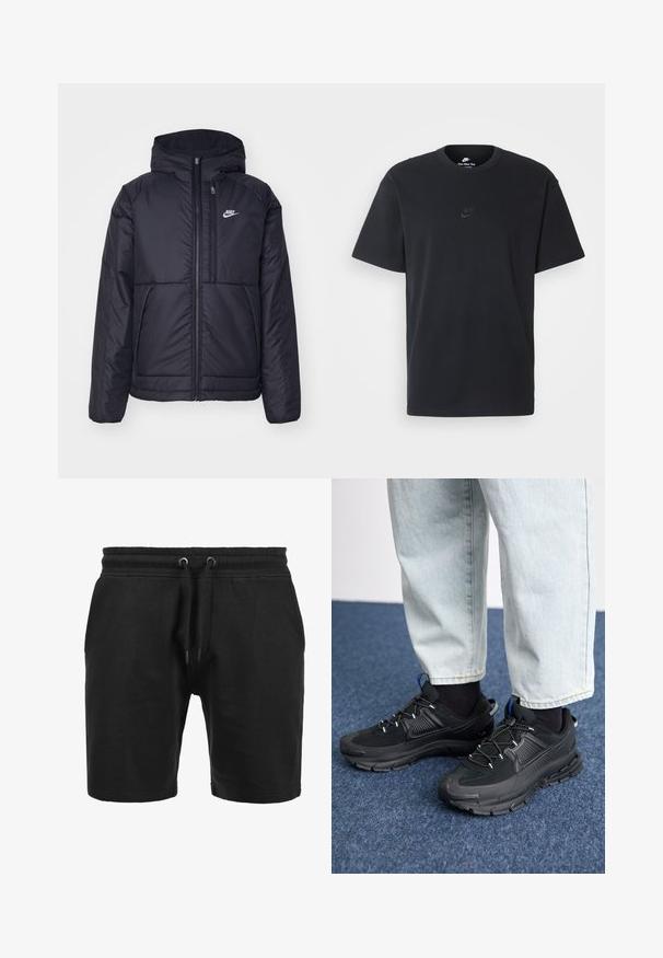 Juodas, paminkštintas Nike džemperis su priekyje užtrauktuku ir gobtuvu. Pasižymi balta logo kairėje krūtinės pusėje ir dviem priekinėmis kišenėmis. Su lygiu išoriniu paviršiumi.; Juodas medvilninis Nike marškinėliai su klasikinėmis apykaklėmis, trumpomis rankovėmis ir subtiliu, įspaustu logotipu ant krūtinės. Sklandus tekstūra.; Juodi šortai, pagaminti iš tekstūrinio audinio. Yra elastinė juosmens juosta su raišteliu ir šoninės kišenės. Paprastas, tiesus kirpimas.; Juodi sportiniai bateliai su tekstūruota medžiaga ir guminiais padais, su elastingomis raišteliais ir mėlynu akcentu ant kulno. Dėvimi su šviesiai mėlynomis džinsinėmis kelnėmis.