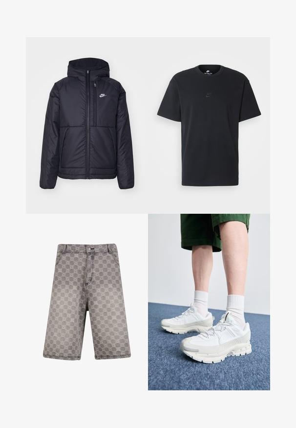 Melna, pufota Nike jaka ar priekšējo rāvējslēdzēju un kapuci. Iezīmēta ar baltu logotipu uz kreisās krūtis un divām priekšējām kabatām. Gluda ārējā tekstūra.; Nike melns kokvilnas T-krekls ar klasisku piegriezumu, īsām piedurknēm un smalku, reljefu logotipu uz krūškurvja. Gluda tekstūra.; Pelēkas denima šortas ar apļa rakstu, tradicionālā piecu kabatu dizainā un redzamām dūriena akcentiem.; Baltas sporta apavi ar teksturētām detaļām, masīvu zoli un pelēkiem akcentiem. Valkāti ar baltiem zeķu pēdu apģērbiem un zaļām šortiem uz zilas virsmas.