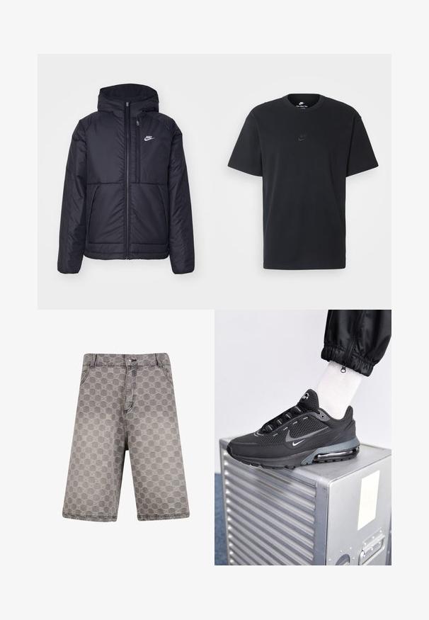 Schwarze, gepolsterte Nike-Jacke mit Frontreißverschluss und Kapuze. Hat ein weißes Logo auf der linken Brust und zwei Fronttaschen. Glattes äußeres Material.; Schwarzes Baumwoll-T-Shirt von Nike mit klassischem Rundhalsausschnitt, kurzen Ärmeln und einem dezenten, geprägten Logo auf der Brust. Glatte Textur.; Graue Denim-Shorts mit einem kreisförmigen Muster, klassischem Fünf-Taschen-Design und sichtbaren Nähakzenten.; Nike Sportswear PULSE - Sneaker low - black/anthracite