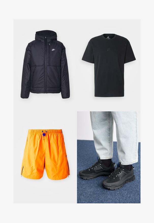 Juodas, paminkštintas Nike džemperis su priekyje užtrauktuku ir gobtuvu. Pasižymi balta logo kairėje krūtinės pusėje ir dviem priekinėmis kišenėmis. Su lygiu išoriniu paviršiumi.; Juodas medvilninis Nike marškinėliai su klasikinėmis apykaklėmis, trumpomis rankovėmis ir subtiliu, įspaustu logotipu ant krūtinės. Sklandus tekstūra.; Oranžiniai sportiniai šortai su elastinga juosmens juosta, reguliuojamu raišteliu ir šoninėmis užtrauktukų kišenėmis. Pagaminti iš lygaus, lengvo audinio.; Juodi sportiniai bateliai su tekstūruota medžiaga ir guminiais padais, su elastingomis raišteliais ir mėlynu akcentu ant kulno. Dėvimi su šviesiai mėlynomis džinsinėmis kelnėmis.