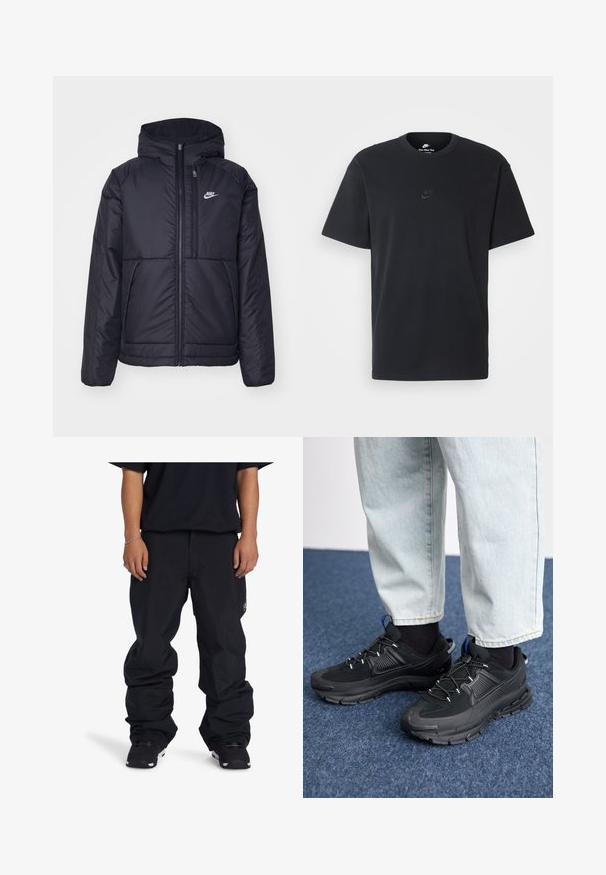 Czarna, pikowana kurtka Nike z przednim zamkiem błyskawicznym i kapturem. Posiada białe logo po lewej stronie klatki piersiowej oraz podwójne kieszenie z przodu. Gładka struktura zewnętrzna.; Czarny bawełniany t-shirt Nike z klasycznym okrągłym dekoltem, krótkimi rękawami oraz subtelnym, wytłoczonym logo na piersi. Gładka tekstura.; DC Shoes - Spodnie snowboardowe; Czarne buty sportowe z teksturowanej tkaniny i gumowymi podeszwami, z elastycznymi sznurówkami i niebieskim akcentem na pięcie. Noszone z jasnymi dżinsami.