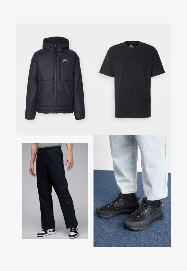 Črna, podložena Nike jakna z sprednjim zadrgo in kapuco. Ima bel logo na levem prsnem delu in dvojna sprednja žepa. Gladka zunanja tekstura.; Nike črna bombažna majica z klasičnim okroglim izrezom, kratkimi rokavi in subtilnim, vtisnjenim logotipom na prsih. Gladka tekstura.; Črne trenirka hlače z elastičnim pasom, z bočnimi žepi in majhnim sivim logotipom na spodnjem delu noge. Gladek material, sproščen kroj.; Črne športne čevlje z teksturirano tkanino in gumijastimi podplati, ki imajo elastične vezalke ter modre poudarke na peti. Nosi se z lahkimi denim hlačami.