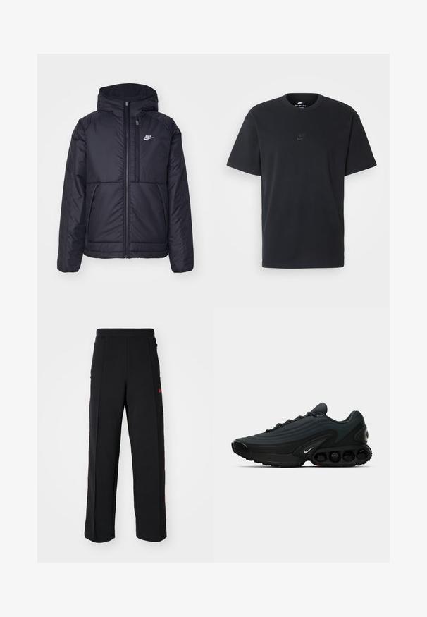Melna, pufota Nike jaka ar priekšējo rāvējslēdzēju un kapuci. Iezīmēta ar baltu logotipu uz kreisās krūtis un divām priekšējām kabatām. Gluda ārējā tekstūra.; Nike melns kokvilnas T-krekls ar klasisku piegriezumu, īsām piedurknēm un smalku, reljefu logotipu uz krūškurvja. Gluda tekstūra.; Melnas sporta bikses ar brīvu piegriezumu, ar sarkaniem akcentiem un kabatām sānos. Materiāls izskatās mīksts ar gludu tekstūru.; Melnas sporta kurpes ar teksturētu audumu, izliekta forma, izteikts vidusposms un redzamie amortizācijas elementi. Iespējo baltu logotipa detaļu.