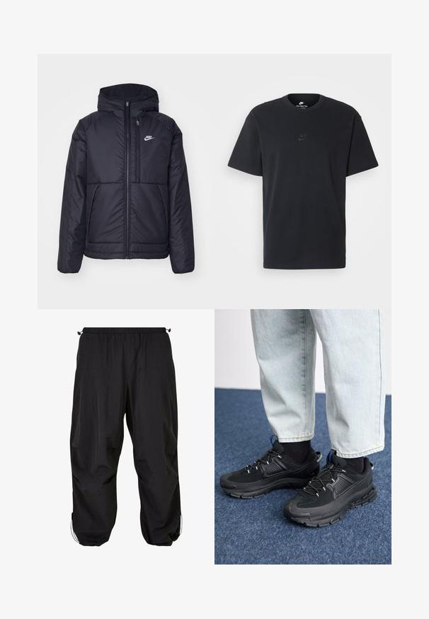 Black, padded Nike jacket with a front zipper and hood. Features a white logo on the left chest and dual front pockets. Smooth exterior texture.; Nike black cotton t-shirt with a classic crew neck, short sleeves, and a subtle, embossed logo on the chest. Smooth texture.; Black, loose-fitting pants made of lightweight fabric; features an elastic waistband and adjustable drawstrings at the hem.; Black athletic shoes with textured fabric and rubber soles, featuring elastic laces and a blue accent on the heel. Worn with light denim pants.