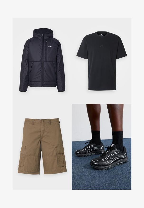 Veste Nike noire rembourrée avec une fermeture éclair sur le devant et une capuche. Elle présente un logo blanc sur la poitrine gauche et deux poches avant. Texture extérieure lisse.; T-shirt en coton noir Nike avec un col rond classique, des manches courtes et un logo embossé subtil sur la poitrine. Texture lisse.; Shorts en coton marron, style cargo, avec de multiples poches latérales, un système de fermeture à bouton et des détails cousus. Design classique à longueur de genou.; Des chaussures Nike noires présentent une tige en mesh avec des rayures d'accent, un laçage texturé et une semelle en caoutchouc noir. Portées avec des chaussettes noires côtelées.