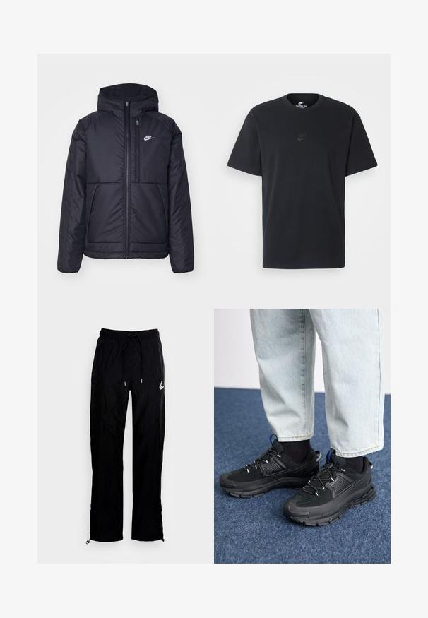 Casaco Nike preto, acolchoado, com fecho à frente e capuz. Apresenta um logo branco no lado esquerdo do peito e dois bolsos frontais. Textura exterior lisa.; T-shirt de algodão preto da Nike com um clássico decote redondo, mangas curtas e um logótipo em relevo discreto no peito. Textura suave.; Jordan WARMUP PANT - Calças de fato de treino - black; Sapatilhas desportivas pretas com tecido texturizado e solas em borracha, apresentando atacadores elásticos e um detalhe azul no calcanhar. Usadas com calças de ganga claras.