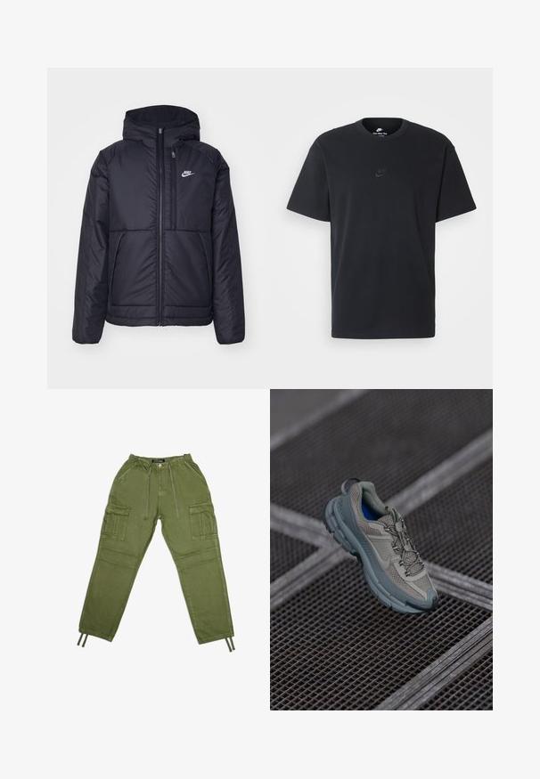 Casaco Nike preto, acolchoado, com fecho à frente e capuz. Apresenta um logo branco no lado esquerdo do peito e dois bolsos frontais. Textura exterior lisa.; T-shirt de algodão preto da Nike com um clássico decote redondo, mangas curtas e um logótipo em relevo discreto no peito. Textura suave.; Calças cargo verde-oliva feitas de tecido leve, apresentando uma cintura elástica, cordões e vários bolsos laterais.; Sapatilha atlética bege e cinza com parte superior em malha texturizada, ponta arredondada e sola de borracha, com atacadores e colarinho almofadado.