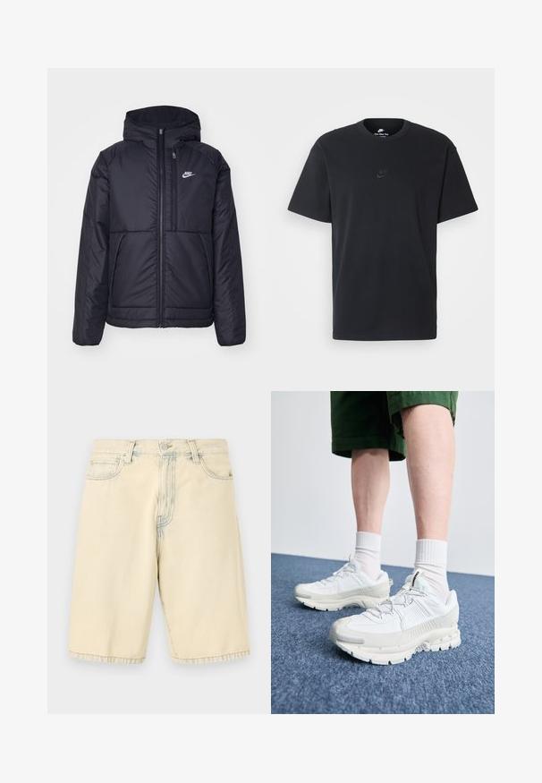 Musta, pehmustettu Nike-takki, jossa on etuvetoketju ja huppu. Vasemmassa rinnassa on valkoinen logo ja takissa on kaksinkertaiset etutaskut. Pintakoe on sileä.; Nike musta musta T-paita, jossa on klassinen pyöreä kaula-aukko, lyhyet etkä hihat sekä hillitty, kohopainettu logo rinnassa. Silkkinen rakenne.; Bige denimshortsit suora leikkaus, viisi taskua ja vyölenkit. Ominaisuuksina hieman haalistunut ulkonäkö ja ompeluaksentteja.; Valkoiset urheilukengät, joissa on tekstuuriset päällysteet, paksu pohja ja harmaat yksityiskohdat. Yhdistetty valkoisiin putkisukkiin ja vihreisiin shortseihin sinisellä pinnalla.