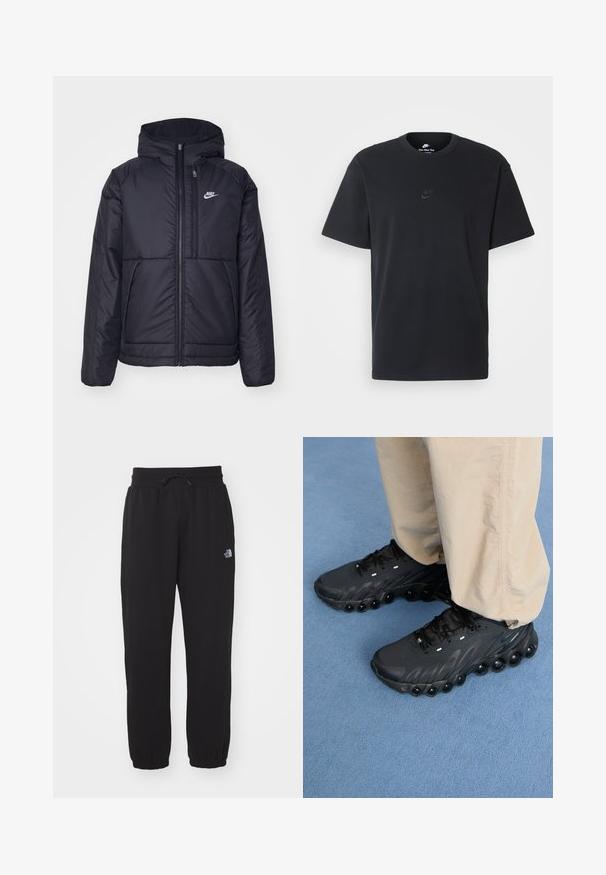 Fekete, párnázott Nike dzseki elülső cipzárral és kapucnival. A bal mellen fehér logó található, valamint két elülső zseb. Simának tűnő külső felület.; Fekete pamut póló Nike márkájú, klasszikus, kerek nyakú, rövid ujjú, és letisztult, dombornyomott logóval a mellkason. Simább textúra.; Fekete melegítőnadrág puha anyagból, elasztikus derékrésszel, húzózsinórral, szűkített bokákkal és egy kis logóval a comb felső részén.; Fekete sportcipők texturált felsőrésszel, ívelt talppal és jellegzetes légpárnákkal az alján. Fűzővel és fényvisszaverő elemekkel rendelkezik.