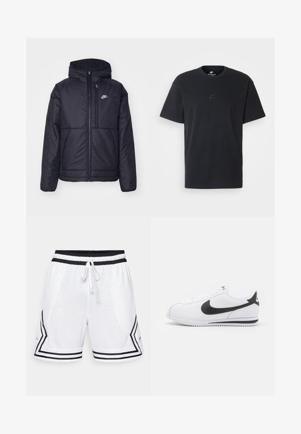 Svart, polstret Nike-jakke med frontglidelås og hette. Har en hvit logo på venstre bryst og doble frontlommer. Glatt ytterside.; Nike svart bomull T-skjorte med klassisk rund hals, korte ermer, og en subtil, preget logo på brystet. Glatt tekstur.; Hvite treningsshorts laget av perforert stoff. Har sort elastisk midjebånd med snøring og svarte sidestreker i et chevronmønster.; Hvite skinnsneakers med svart Nike-svung, flate lisser og strukturert gummisåle. Rund tå og polstret krage for komfort.