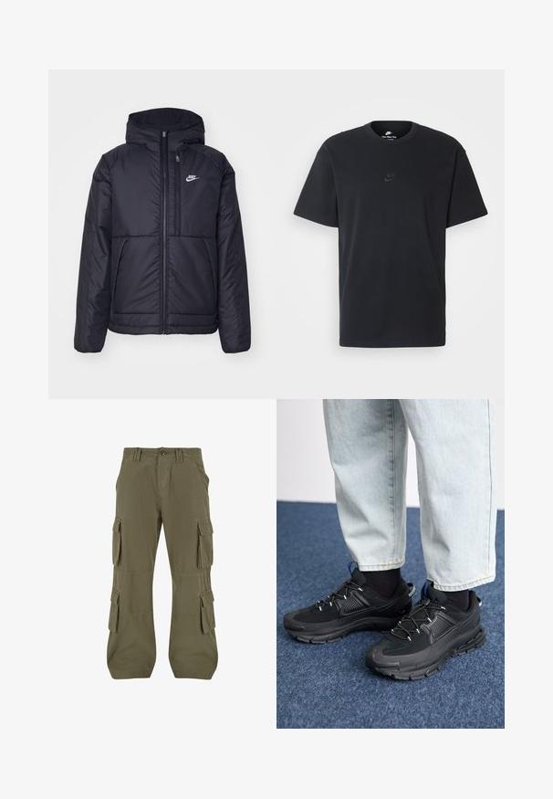 Zwarte, gewatteerde Nike-jas met een voorkant met ritssluiting en capuchon. Kenmerkt zich door een wit logo op de linkerborst en dubbele frontzakken. Gladde buitenkant.; Zwarte katoenen t-shirt van Nike met een klassieke ronde hals, korte mouwen en een subtiele, reliëflogo op de borst. Gladde textuur.; Cargo broek in olijfgroen. Gemaakt van katoen, met meerdere zijzakken, een rechte snit en zichtbare stikdetails.; Zwarte sportschoenen met gestructureerde stof en rubberen zolen, met elastische veters en een blauwe accent op de hiel. Draag samen met lichte spijkerbroeken.
