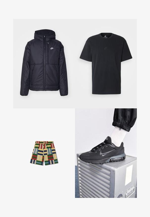 Veste Nike noire rembourrée avec une fermeture éclair sur le devant et une capuche. Elle présente un logo blanc sur la poitrine gauche et deux poches avant. Texture extérieure lisse.; T-shirt en coton noir Nike avec un col rond classique, des manches courtes et un logo embossé subtil sur la poitrine. Texture lisse.; Thinking Mu HENRY - Pantalon de survêtement - pale yellow; Nike Sportswear PULSE - Baskets basses - black/anthracite