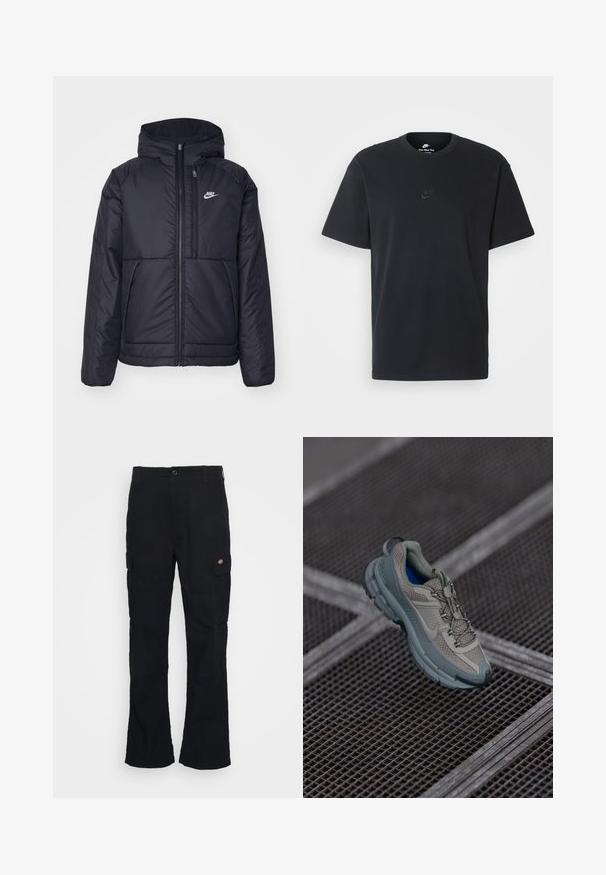 Melna, pufota Nike jaka ar priekšējo rāvējslēdzēju un kapuci. Iezīmēta ar baltu logotipu uz kreisās krūtis un divām priekšējām kabatām. Gluda ārējā tekstūra.; Nike melns kokvilnas T-krekls ar klasisku piegriezumu, īsām piedurknēm un smalku, reljefu logotipu uz krūškurvja. Gluda tekstūra.; Melni cargo bikses ar taisnu kāju dizainu, izgatavotas no izturīga auduma, ar sānu kabatām un plāksteri ar logotipu pa kreisi.; Bežīgas un pelēkas sporta kurpes ar teksturētu sieta augšdaļu, noapaļotu purngalu un gumijas zoli, satur šņores un mīkstinātu apkakli.