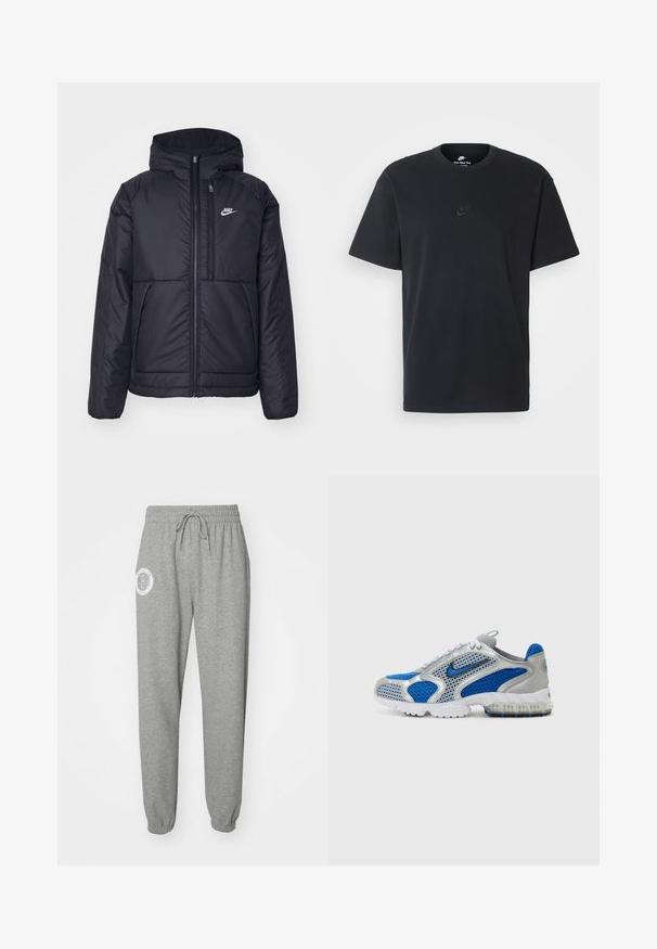 Casaco Nike preto, acolchoado, com fecho à frente e capuz. Apresenta um logo branco no lado esquerdo do peito e dois bolsos frontais. Textura exterior lisa.; T-shirt de algodão preto da Nike com um clássico decote redondo, mangas curtas e um logótipo em relevo discreto no peito. Textura suave.; Calças de moletão cinzas feitas de um tecido suave, com uma cintura elástica com cordão e um patch de logotipo na coxa esquerda. Punhos ajustados nos tornozelos.; Sapatilhas atléticas azuis e prateadas com painéis em malha, um colarinho almofadado e uma sola translúcida com detalhes em azul. Os atacadores em contraste completam o design.