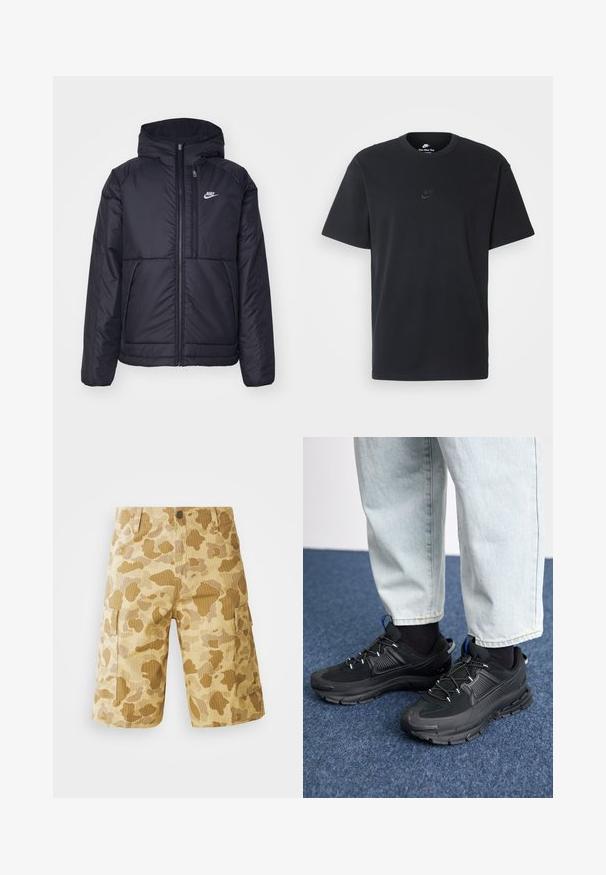 Schwarze, gepolsterte Nike-Jacke mit Frontreißverschluss und Kapuze. Hat ein weißes Logo auf der linken Brust und zwei Fronttaschen. Glattes äußeres Material.; Schwarzes Baumwoll-T-Shirt von Nike mit klassischem Rundhalsausschnitt, kurzen Ärmeln und einem dezenten, geprägten Logo auf der Brust. Glatte Textur.; Beige Cargo-Shorts mit einem Camouflage-Muster in Braun-Tönen, ausgestattet mit seitlichen Taschen, einem knopfbarem Bund und vertikaler Rippoptik.; Schwarze Sportschuhe aus strukturiertem Stoff mit Gummisohlen, ausgestattet mit elastischen Schnürsenkeln und einem blauen Akzent an der Ferse. Getragen mit hellen Jeans.