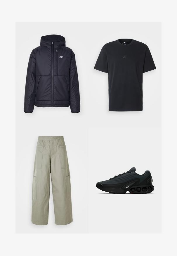 Casaco Nike preto, acolchoado, com fecho à frente e capuz. Apresenta um logo branco no lado esquerdo do peito e dois bolsos frontais. Textura exterior lisa.; T-shirt de algodão preto da Nike com um clássico decote redondo, mangas curtas e um logótipo em relevo discreto no peito. Textura suave.; Calças cargo largas de cor verde oliva com um cós elástico, múltiplos bolsos e uma textura suave. Largura ajustável na bainha.; Sapatilha atlética preta com parte superior em tecido texturizado, design curvado, entressola proeminente e elementos de amortecimento visíveis. Apresenta detalhes do logo em branco.