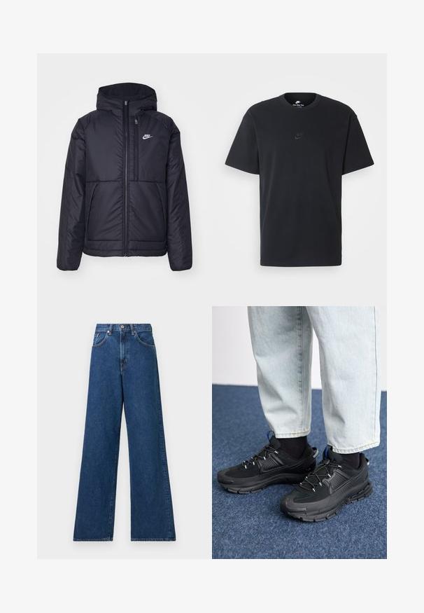 Chaqueta acolchada negra de Nike con cremallera frontal y capucha. Presenta un logo blanco en el lado izquierdo del pecho y dos bolsillos frontales. Textura exterior suave.; Camiseta negra de algodón de Nike con un clásico cuello redondo, mangas cortas y un sutil logo en relieve en el pecho. Textura suave.; Jeans de mezclilla azul de pierna ancha con una cintura alta, que cuentan con pasadores para cinturón y bolsillos frontales. La tela tiene una textura suave y una costura mínima.; Zapatillas deportivas negras con tejido texturizado y suelas de goma, con cordones elásticos y un acento azul en el talón. Combinadas con pantalones de mezclilla claros.