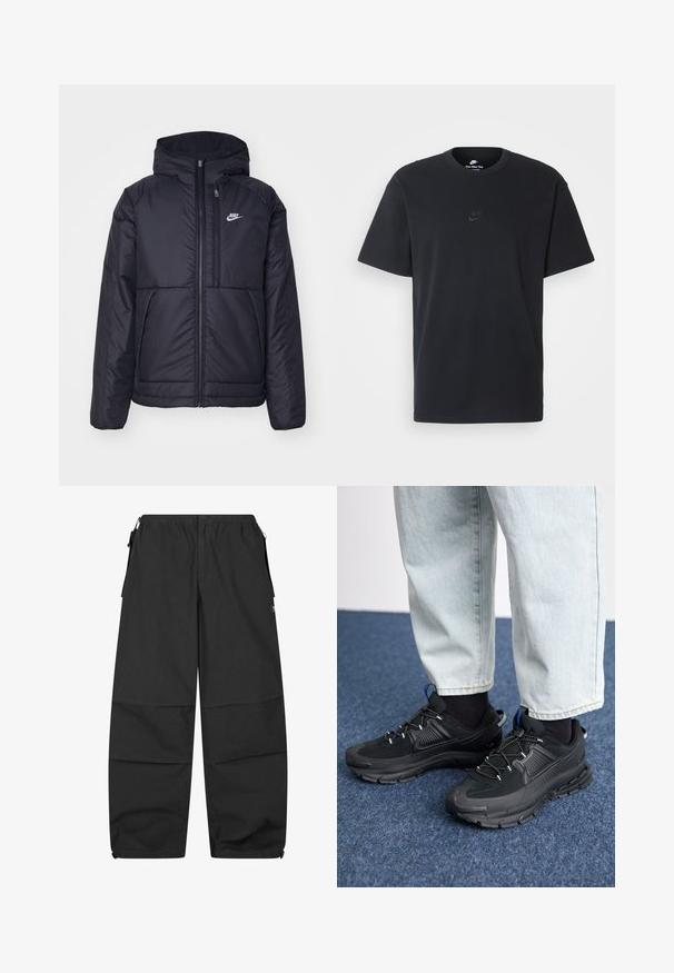 Svart, vadderad Nike-jacka med dragkedja framtill och huva. Har en vit logotyp på vänster bröst och dubbla framfickor. Slät yttextur.; Svart t-shirt i bomull från Nike med klassisk rund halsringning, korta ärmar och en diskret, präglad logotyp på bröstet. Slät textur.; Svarta bomullsbyxor med elastiskt midjeband, två sidofickor och avslappnad passform. Har sömmar och en minimalistisk design.; Svarta sportskor med texturerat tyg och gummisulor, med elastiska snörningar och en blå detalj på hälen. Bärs med ljusa jeans.