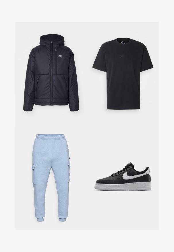 Svart, vadderad Nike-jacka med dragkedja framtill och huva. Har en vit logotyp på vänster bröst och dubbla framfickor. Slät yttextur.; Svart t-shirt i bomull från Nike med klassisk rund halsringning, korta ärmar och en diskret, präglad logotyp på bröstet. Slät textur.; Ljusblå fleece cargo joggers med elastisk midja, sidofickor med lock och manschetter vid anklarna på vit bakgrund.; Svart lädersneaker med strukturerad yta, vit Nike-swoosh, grå sula, rund tå och snörningsdesign. Har perforeringar på tåboxen.