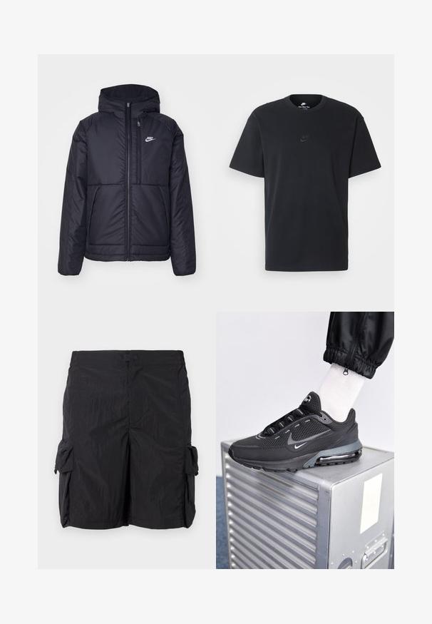 Černá zateplená bunda Nike s předním zipem a kapucí. Na levé straně hrudi má bílé logo a dvojité přední kapsy. Hladký povrch.; Černé bavlněné tričko Nike s klasickým kulatým výstřihem, krátkými rukávy a decentně vyraženým logem na hrudi. Hladký povrch.; Černé cargo šortky vyrobené z lehké, texturované tkaniny. Obsahují dvě boční kapsy, přední zapínání a rovný střih.; Nike Sportswear PULSE - Tenisky - black/anthracite