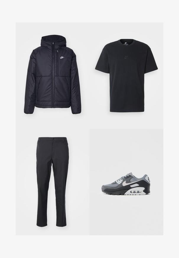 Fekete, párnázott Nike dzseki elülső cipzárral és kapucnival. A bal mellen fehér logó található, valamint két elülső zseb. Simának tűnő külső felület.; Fekete pamut póló Nike márkájú, klasszikus, kerek nyakú, rövid ujjú, és letisztult, dombornyomott logóval a mellkason. Simább textúra.; Fekete nadrág könnyű anyagból, sima textúrával, egyenes vonalvezetésű fazonnal és gombos derékkal.; Szürke tornacipő hálós és hasított bőr anyagok keverékével, fekete talppal és látható légpárnával. Jellegzetes világosszürke részletek és fűzők.