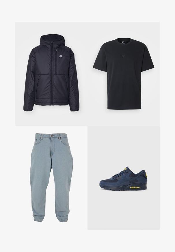 Must musta Nike jope, millel on ees lukuga avamine ja kapuuts. Vasakpoolne rind on kaunistatud valge logoga ning ees on kaks taskut. Sile välimine tekstuur.; Nike musta mustast puuvillast T-särk klassikalise ümmarguse kaelusega, lühikeste varrukatega ja õrna, reljeefse logoga rinnal. Sile tekstuur.; Heledad sinine teksapüksid, millel on vabam istuvus, ees taskud, nööbiga kinnitamine ja peened õmblusdetailid.; Tumed sinine Nike Air Max tossud, mille ülemine osa on valmistatud sametist ja võrkmaterjalist, kollaste aktsentidega, nööriga kinnitatav ja nähtava õhupadjaga tallas.