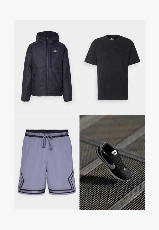 Juodas, paminkštintas Nike džemperis su priekyje užtrauktuku ir gobtuvu. Pasižymi balta logo kairėje krūtinės pusėje ir dviem priekinėmis kišenėmis. Su lygiu išoriniu paviršiumi.; Juodas medvilninis Nike marškinėliai su klasikinėmis apykaklėmis, trumpomis rankovėmis ir subtiliu, įspaustu logotipu ant krūtinės. Sklandus tekstūra.; Šviesiai mėlyni sportiniai šortai su tinkliniu tekstūru, elastingu juosmeniu, raišteliu ir juodais akcentais apatinėje dalyje ir šone.; Juodos Nike sportbačiai su pilkais akcentais, iš zomšos ir tinklinės medžiagos, tekstūruotu padu, siauru siluetu ir klasikiniu raištelių užsegimu.