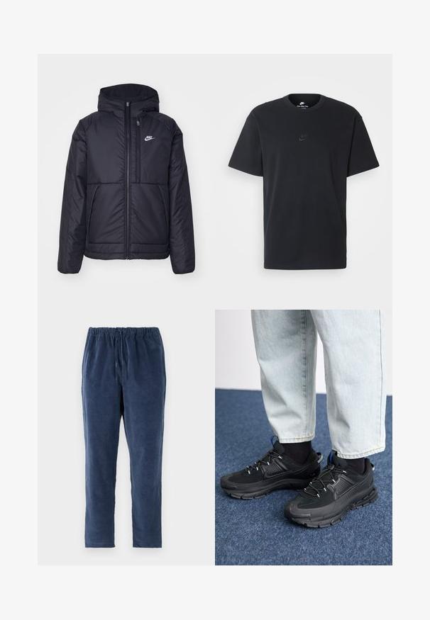 Černá zateplená bunda Nike s předním zipem a kapucí. Na levé straně hrudi má bílé logo a dvojité přední kapsy. Hladký povrch.; Černé bavlněné tričko Nike s klasickým kulatým výstřihem, krátkými rukávy a decentně vyraženým logem na hrudi. Hladký povrch.; Námořnické modré kalhoty s měkkou texturou, elastickým pasem a rovnými nohavicemi. Bez kapes. Tkanina se zdá být mírně broušená.; Černé sportovní boty s texturovanou tkaninou a gumovou podrážkou, s elastickými tkaničkami a modrým akcentem na patě. Nosí se s světlými džíny.