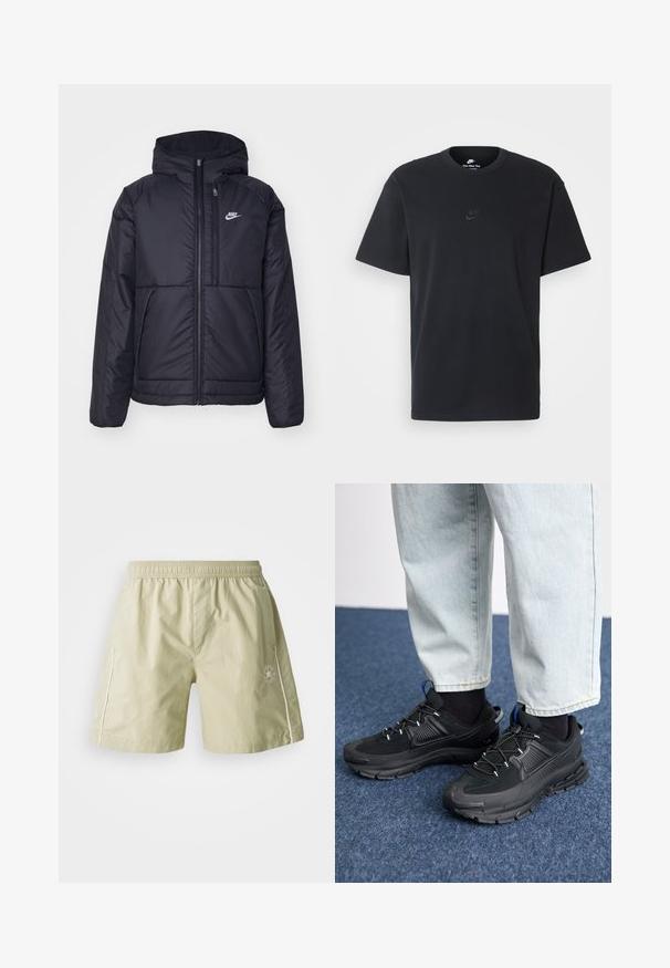 Zwarte, gewatteerde Nike-jas met een voorkant met ritssluiting en capuchon. Kenmerkt zich door een wit logo op de linkerborst en dubbele frontzakken. Gladde buitenkant.; Zwarte katoenen t-shirt van Nike met een klassieke ronde hals, korte mouwen en een subtiele, reliëflogo op de borst. Gladde textuur.; Lichtgroene shorts van glad materiaal met een elastische tailleband, zijzakken, witte accenten en een logo op het linkerbovenbeen.; Zwarte sportschoenen met gestructureerde stof en rubberen zolen, met elastische veters en een blauwe accent op de hiel. Draag samen met lichte spijkerbroeken.